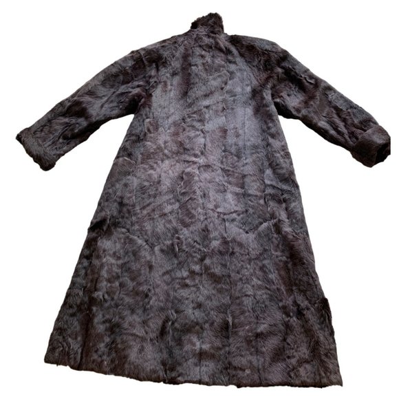 80s VTG JKI Full Length Genuine Fur Coat Rabbit Brown Purple Large Rustic 6754 - Picture 3 of 16